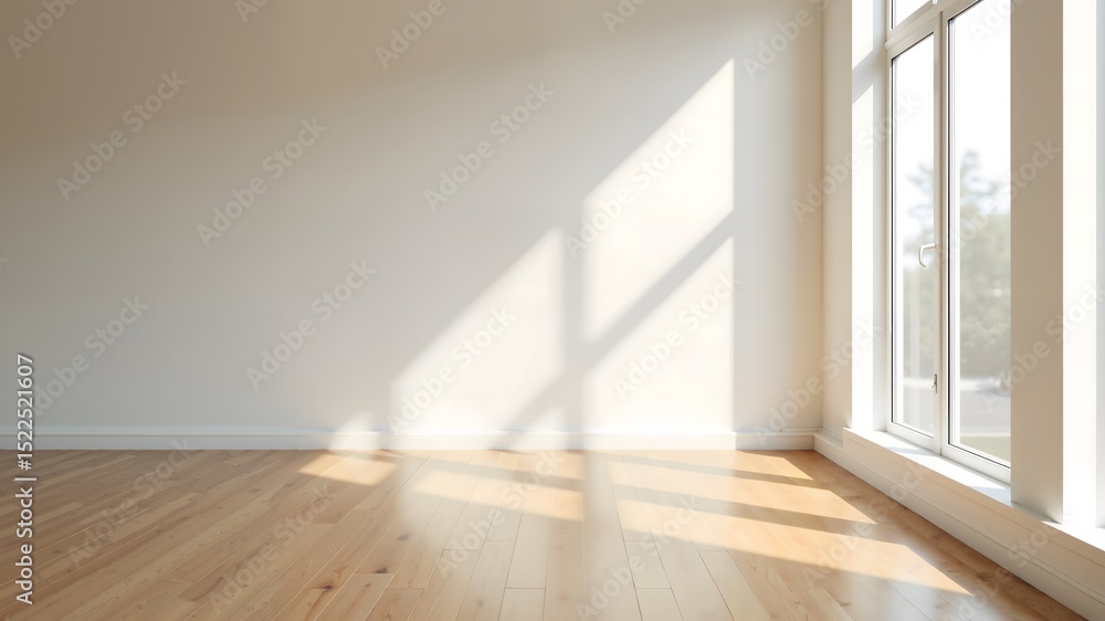 Obraz premium Empty studio room with wooden floor illuminated by sunlight. Minimalistic interior, free space for design 