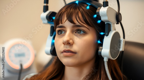 A Caucasian girl in her 20s or 30s undergoes transcranial magnetic stimulation therapy at a psychiatric facility to treat depression or anxiety.
