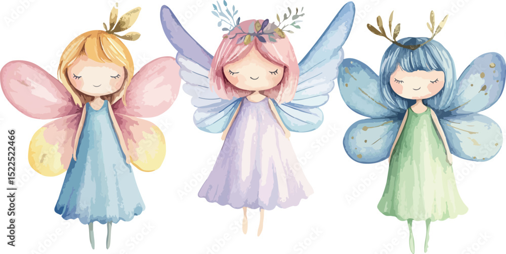 Watercolor Illustration of Three Cute Fairies with Wings and Flower Crowns Perfect for Children s Books Nursery Decor or Magical Themed Designs on a Watercolor Illustration of Three Cute Fairies with Wings and Flower Crowns Perfect for Children s Books Nursery Decor or Magical Themed Designs on a