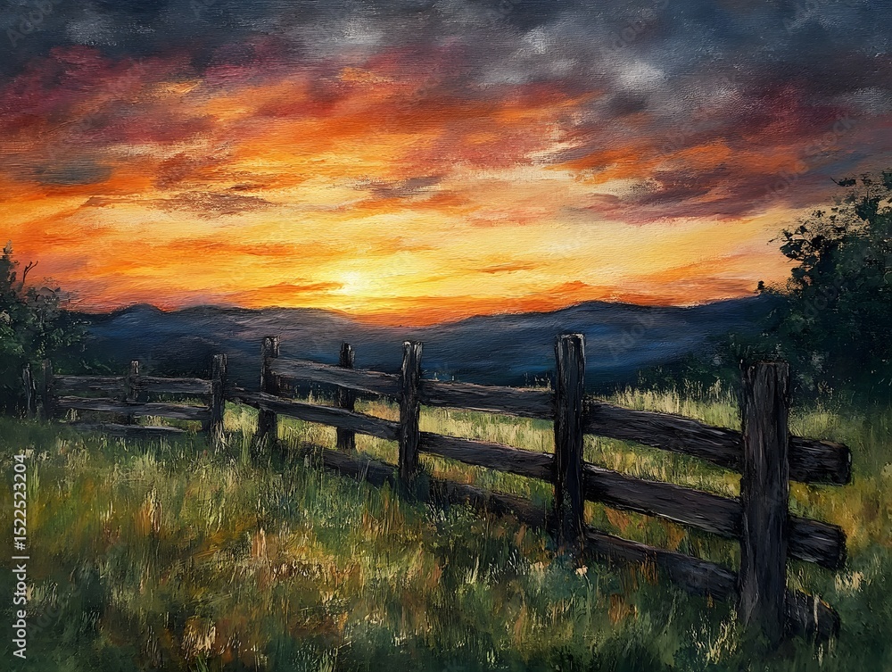 Obraz premium Peaceful Morning Scene Featuring a Fence at Golden Sunrise Light, sunset over the fence