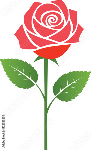 Red Rose Vector Graphic  with Spiral Petals, Green Leaves, and Simplified Flat Color Style on White Background