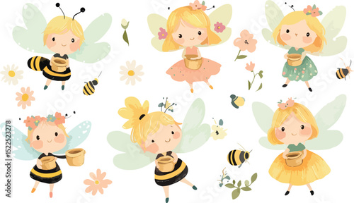 Cute Cartoon Fairies with Honey Pots and Bees Illustration Perfect for Children s Books Nursery Decor and Sweet Themed Designs Featuring Adorable Characters and