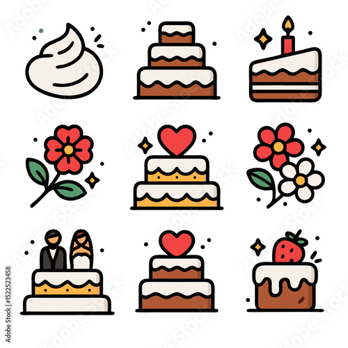 Wedding cake icons illustrate nine colorful designs for your project.