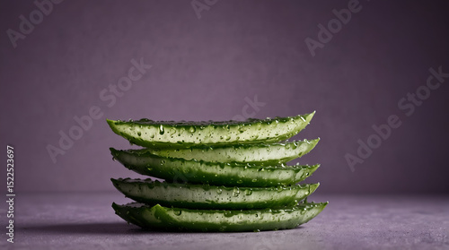 Stacked aloe vera slices, showcasing the gel, minimalist composition against a soft purple background. Perfect for beauty, health, and wellness,generative.ai


