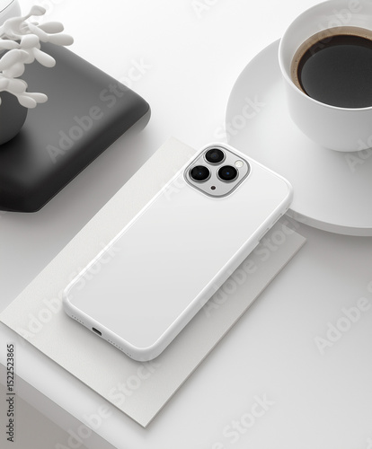 Minimalist phone white case mockup placed on a plain background with subtle highlights