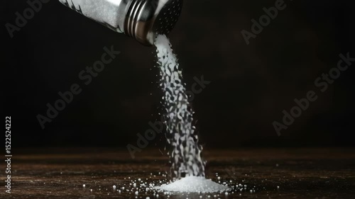 Salt pouring from shaker on dark wooden surface