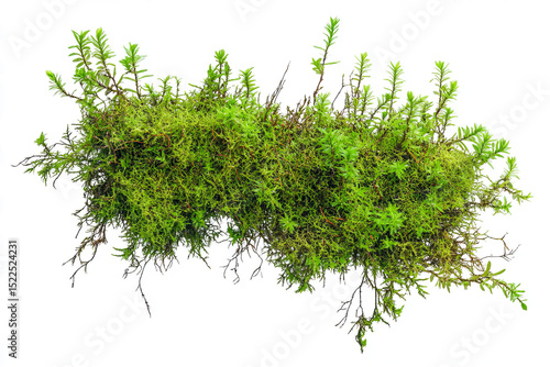 Green moss growing on a white background, flat lay, isolated on a  transparent background
