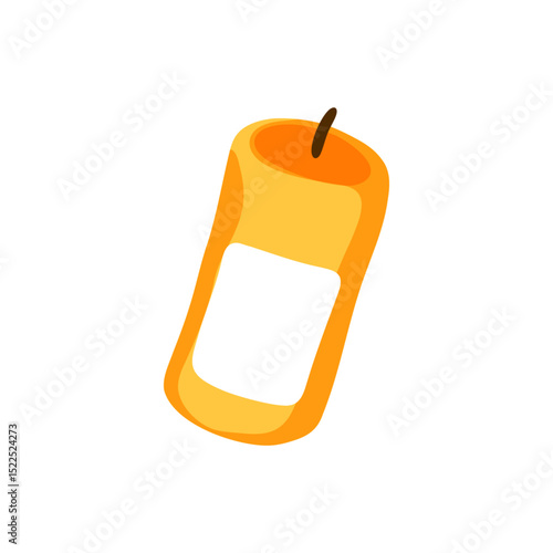 Aromatic Candle With Label Illustration. Flat cartoon illustration of a yellow-orange aromatic candle with a wick and white label, isolated on white background.