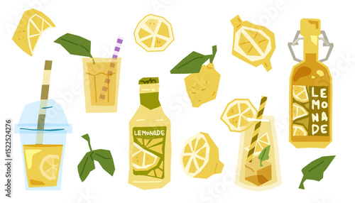 Lemonade Drink Illustration Set. Set of lemonade drinks, bottles, glasses, lemon slices, leaves and juicer. Flat cartoon style in fresh yellow and green tones, isolated on white background.