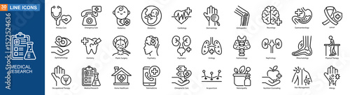Health Service icon collection line style, Primary Care, Emergency Care, Pediatrics, Obstetrics, Cardiology, Dermatology, Orthopedics, Neurology, Vector illustration