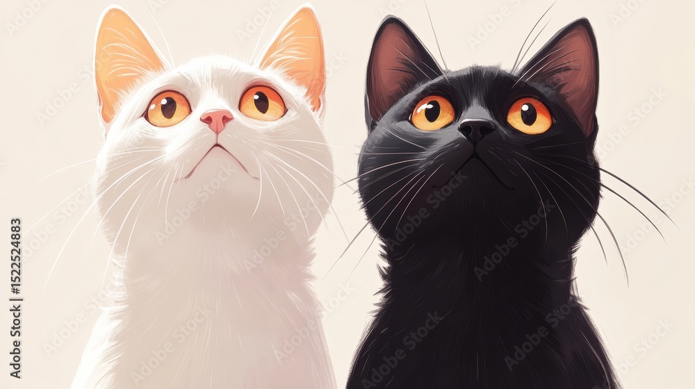 Adorable feline friendship portrait of a white cat and black cat in cute whimsical look Adorable feline friendship portrait of a white cat and black cat in cute whimsical look