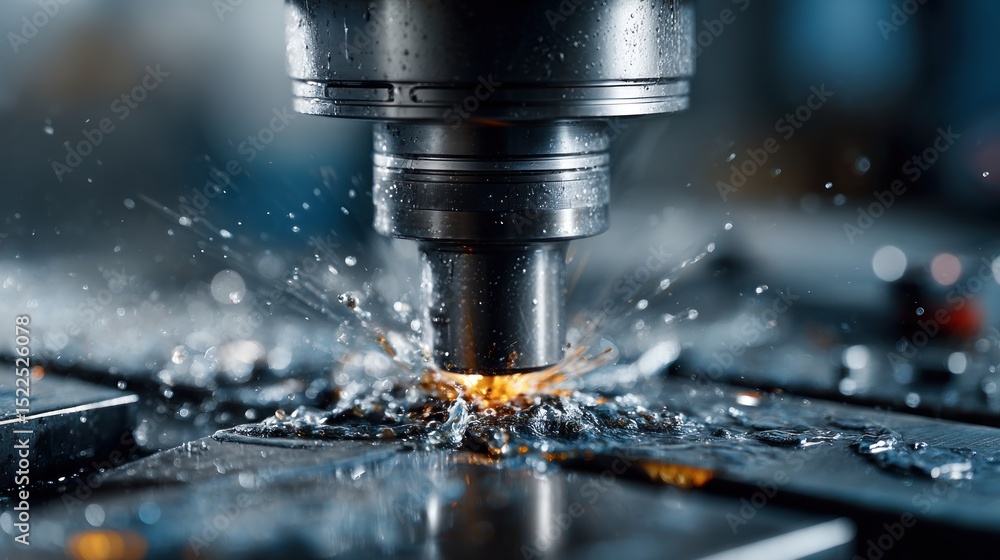 Precision Machining: Close-up of a CNC Milling Machine at Work with Coolant Precision Machining: Close-up of a CNC Milling Machine at Work with Coolant