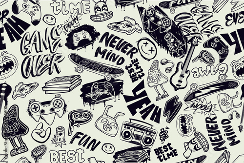 Doodle ornament with gaming, music, teenagers elements for sport school textile, wrapping paper. Monochrome print with game pad, pizza, street art graffiti words, guitar, rabbit, bear, skateboard