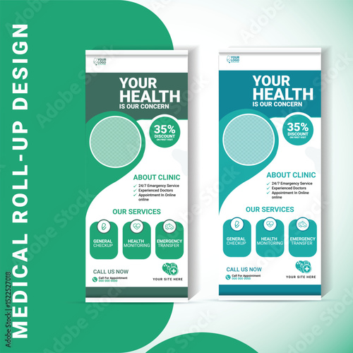 Professional health care and medical roll up design, standee and banner template decoration for exhibition, printing and presentation creative template design.