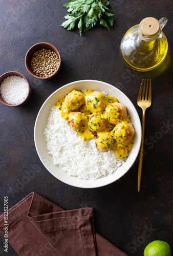 Meatballs in curry sauce with rice. Healthy food. Recipe.