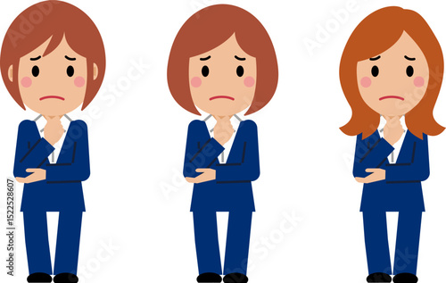 あごに手を当て困り顔の紺色スーツの若い女性