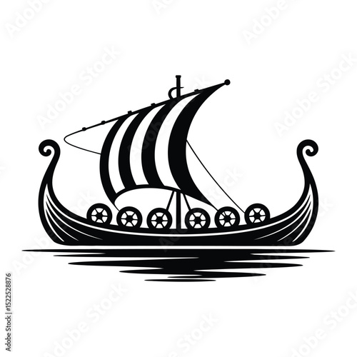 Viking Longship Fishing Silhouette, Vector, Illustration, Icon, Logo, White Background.