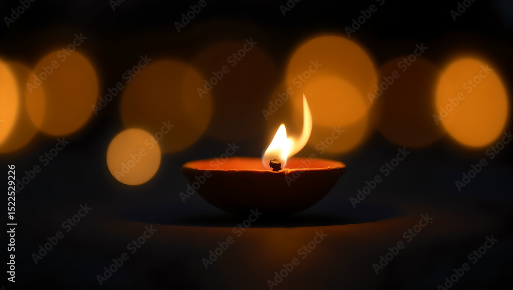 Illuminated Terracotta Diya with Warm Bokeh Lights Illuminated Terracotta Diya with Warm Bokeh Lights