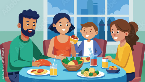 Cartoon Family Enjoying a Meal Together at Home in Front of City View