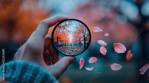 Close-up of a Hand Holding a Camera Lens with a Stunning Autumn Scene Reflected, Capturing Sharp Details of Nature's Beauty