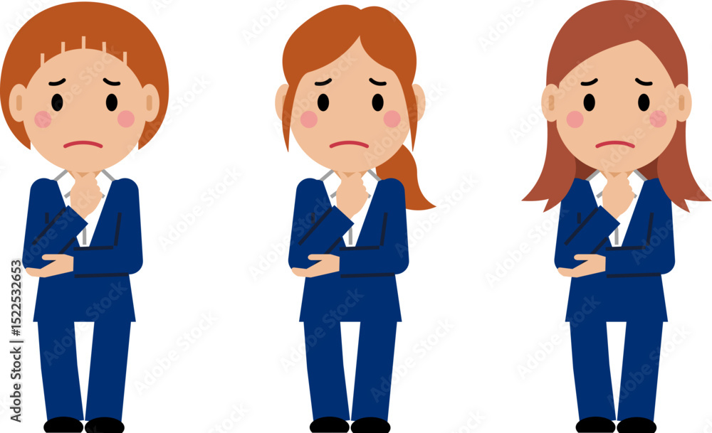 あごに手を当て困り顔の紺色スーツの若い女性。その2 あごに手を当て困り顔の紺色スーツの若い女性。その2