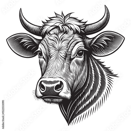 Vintage Cow Head Illustration Isolated on Transparent Background
