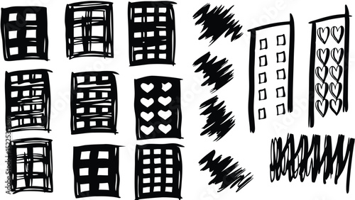 A collection of hand drawn buildings and abstract shapes in black and white with varying patterns