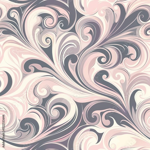 Seamless pattern of swirling, organic shapes in pink, gray, and cream colors. Decorative and stylized.