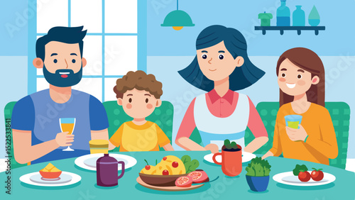 Cartoon Family Enjoying a Meal Together at Home with Diverse Food Dishes and Drinks