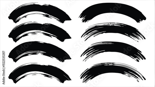 Eight black brush strokes arranged in two columns on a white background creating an abstract design
