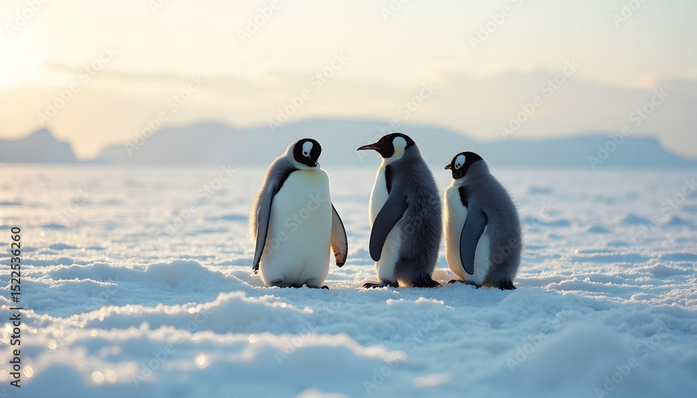 Obraz premium Three Emperor Penguin Chicks Standing on Snow and Ice in Antarctica Landscape