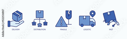 Swift And Secure Icon Set Isolated Vector With Icon Of Delivery, Distribution, Fragile, Logistic, Fast In Blue Style