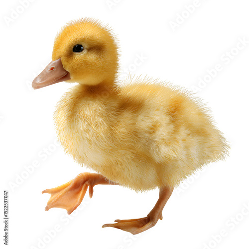 A fluffy yellow duckling standing with one foot raised against a black background in a studio shot