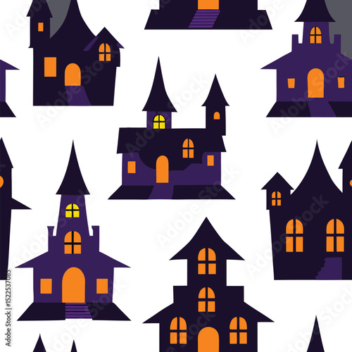 Seamless pattern of spooky halloween haunted house illustration