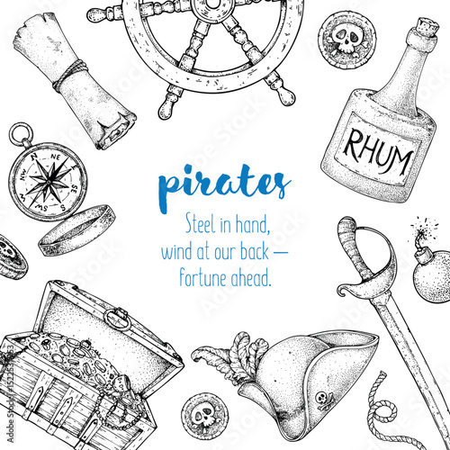 Nautical frame with pirate elements. Hand drawn vector illustration. Sea-inspired border design. Perfect for adventure maps, posters, and retro marine themes.