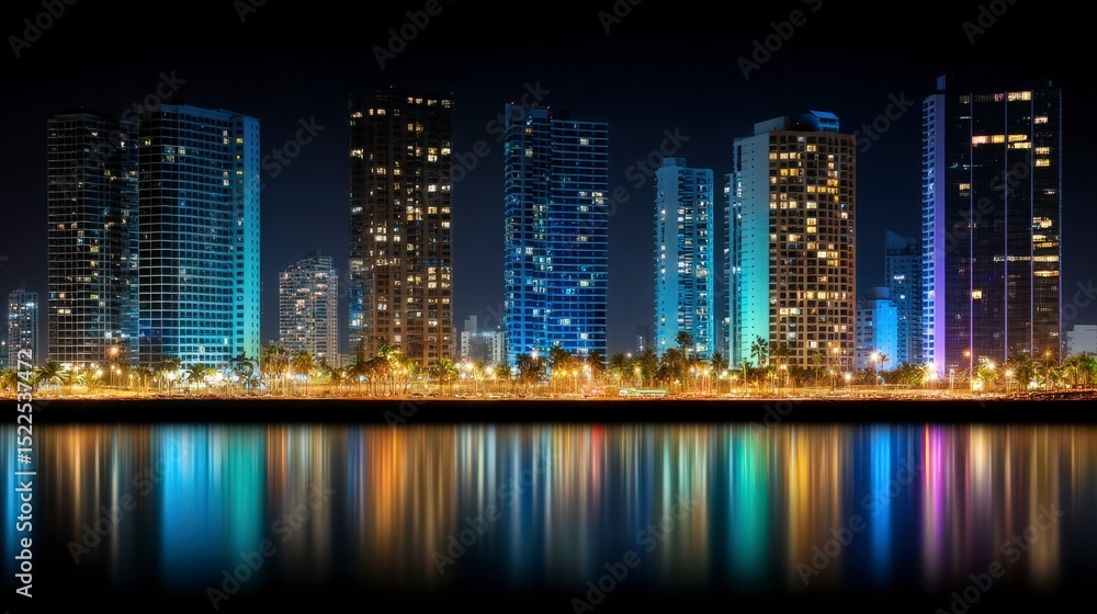 Naklejka premium Night Cityscape Illuminated Skyscrapers Reflected in Water