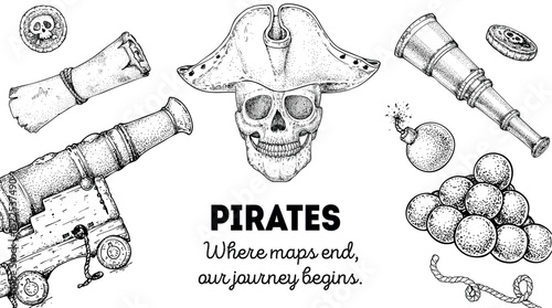 Marine frame with pirate symbols. Hand drawn vector art. Sea adventure template. Great for themed graphics and children’s illustrations. Hand drawn sketches