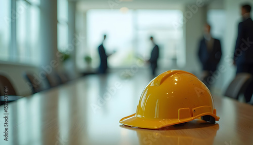 Yellow hard hat on conference table with blurred business team background