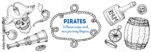 Vintage pirate border. Hand drawn sketch style vector. Old sea map template with nautical elements. Ideal for pirate party invitations, labels, and design projects. Hand drawn sketches