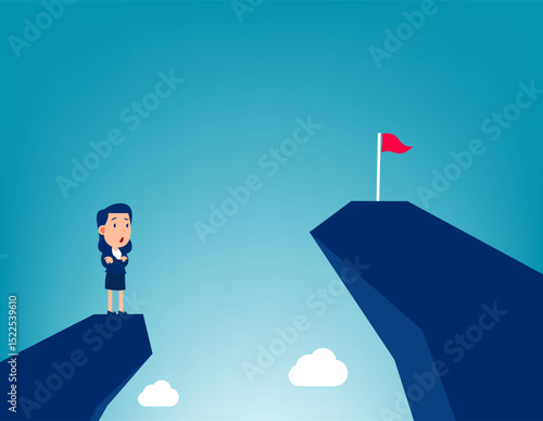 Future. Man on a mountain peak looking at the flag on another peak