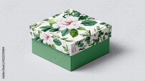 Beautifully designed product packaging mockup featuring floral pattern on lid and solid green base. This elegant box is perfect for gifts or retail display, adding touch of nature inspired charm