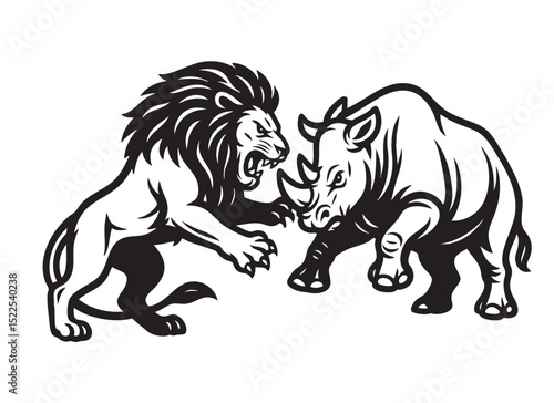 A fierce black and white vector illustration of a lion clashing with a rhinoceros. Perfect for logos, tattoos, and powerful wildlife-themed designs. Animals.
