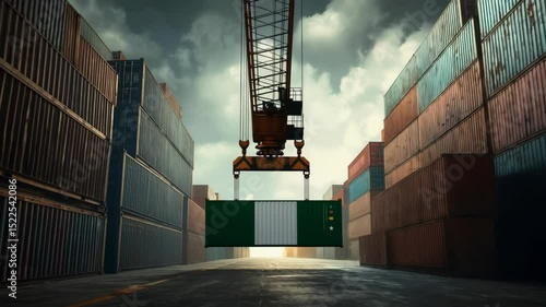 Container crane lifts cargo in vibrant shipping yard during sunset in Nigeria's bustling port area