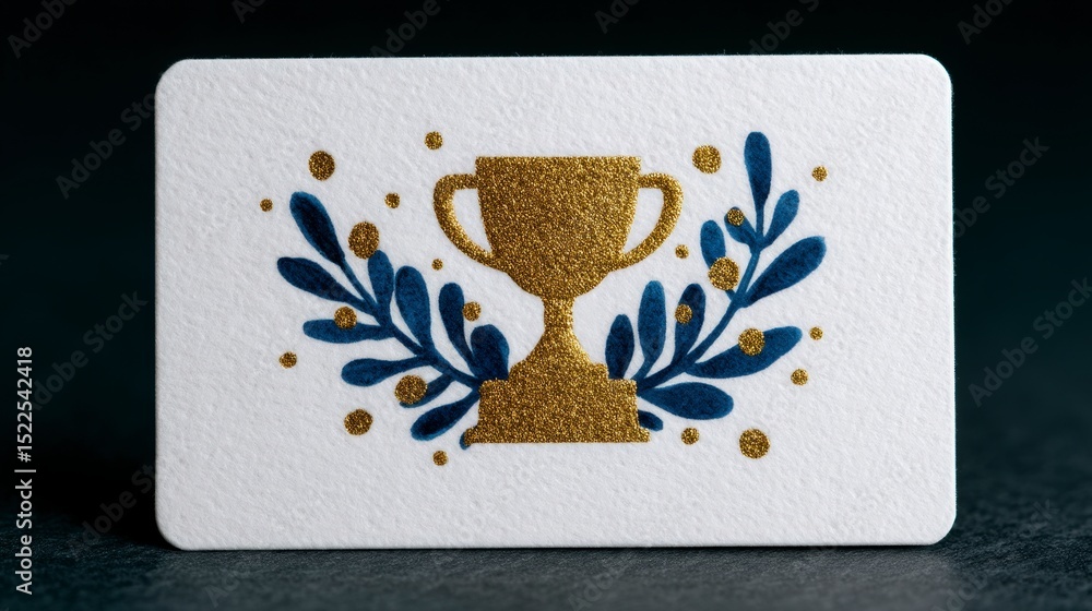 Obraz premium Gold Trophy Award Glitter Design Navy Blue Leaves Success Card