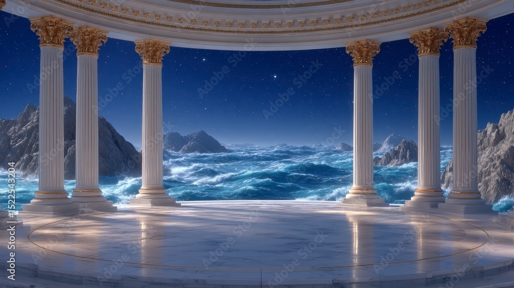 Fototapeta premium Dramatic Classical Columns Ocean View Night Sky Architectural Background