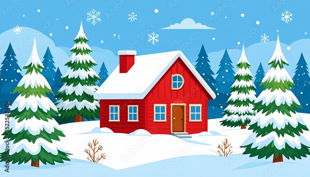 Fototapeta premium Cozy Red Cabin in a Snowy Winter Wonderland