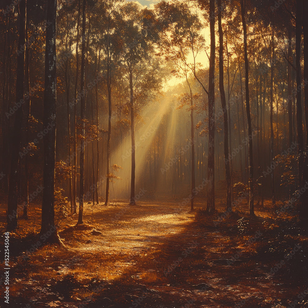 Obraz premium Sunbeams shining on a forest path.