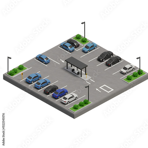 Isometric parking lot with parked cars and lights