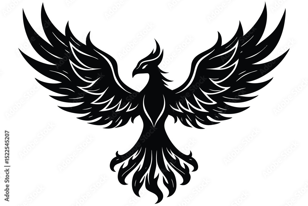 Fototapeta premium Striking Black Silhouette of a Phoenix with Wings Spread Wide on a White Background