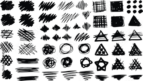 A collection of hand drawn black and white sketches of various shapes and line patterns on white
